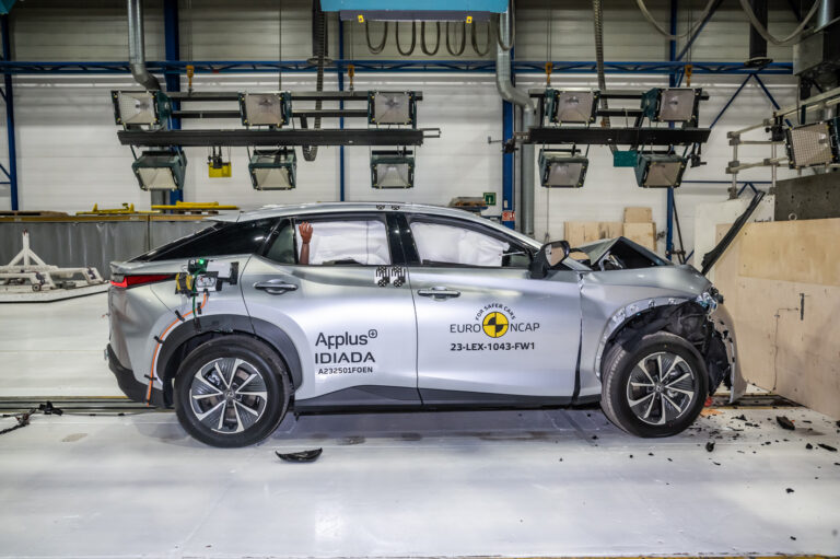 Lexus RZ in a Euro NCAP frontal crash test, showing impact damage to the front with airbags deployed inside the vehicle.
