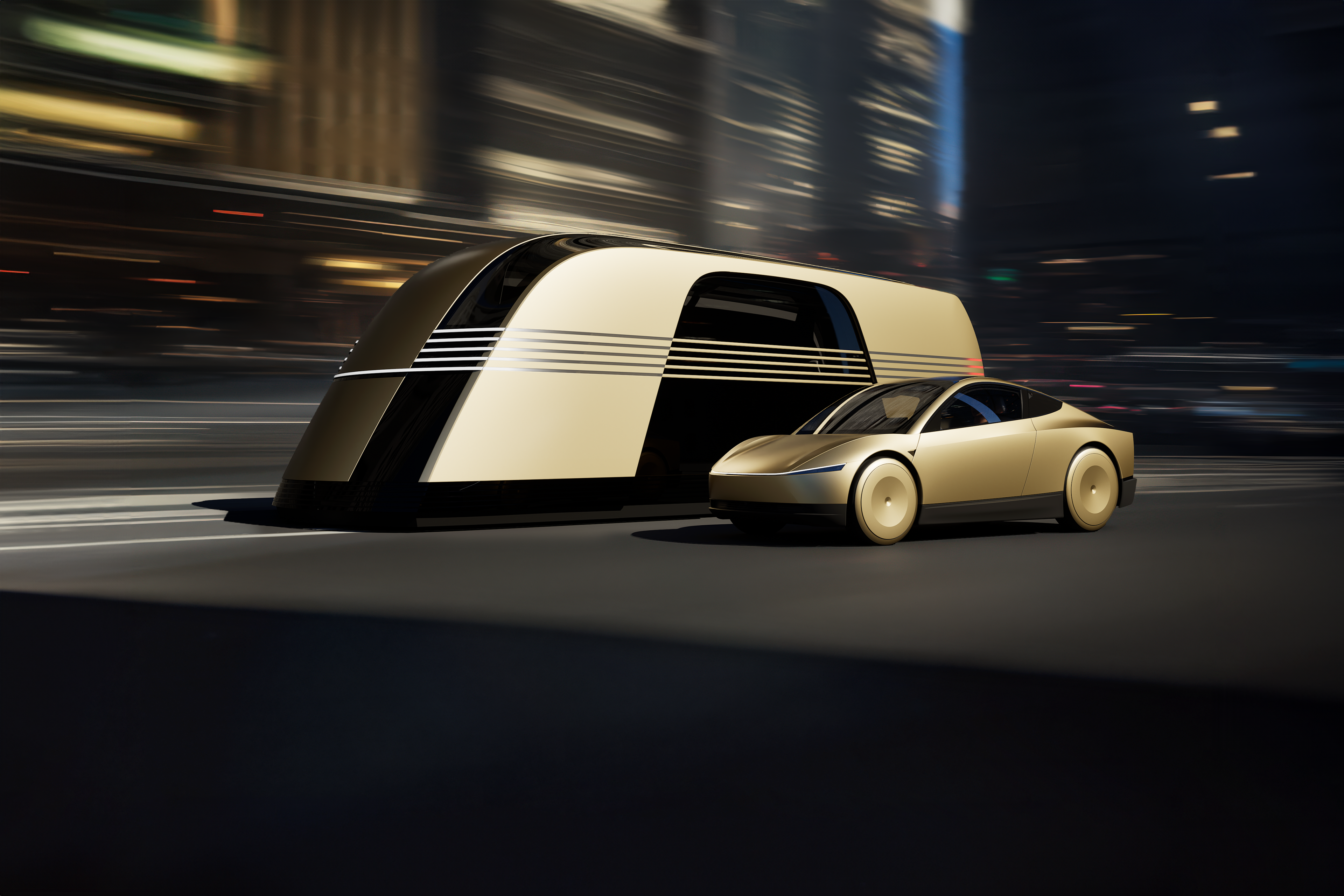 Tesla Cybercab and Robovan in gold and black driving side by side at night, showcasing sleek, futuristic designs.