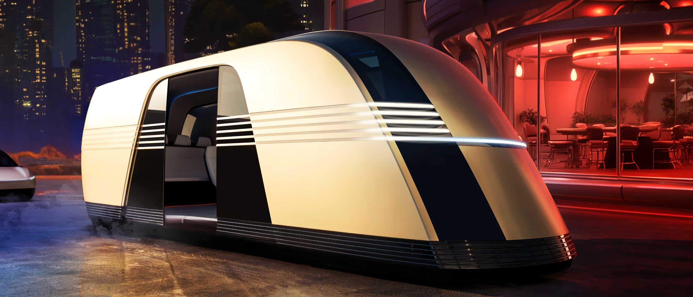 Tesla Robovan in black and gold with sliding door open, showcasing a modern, sleek design against a city backdrop at night.
