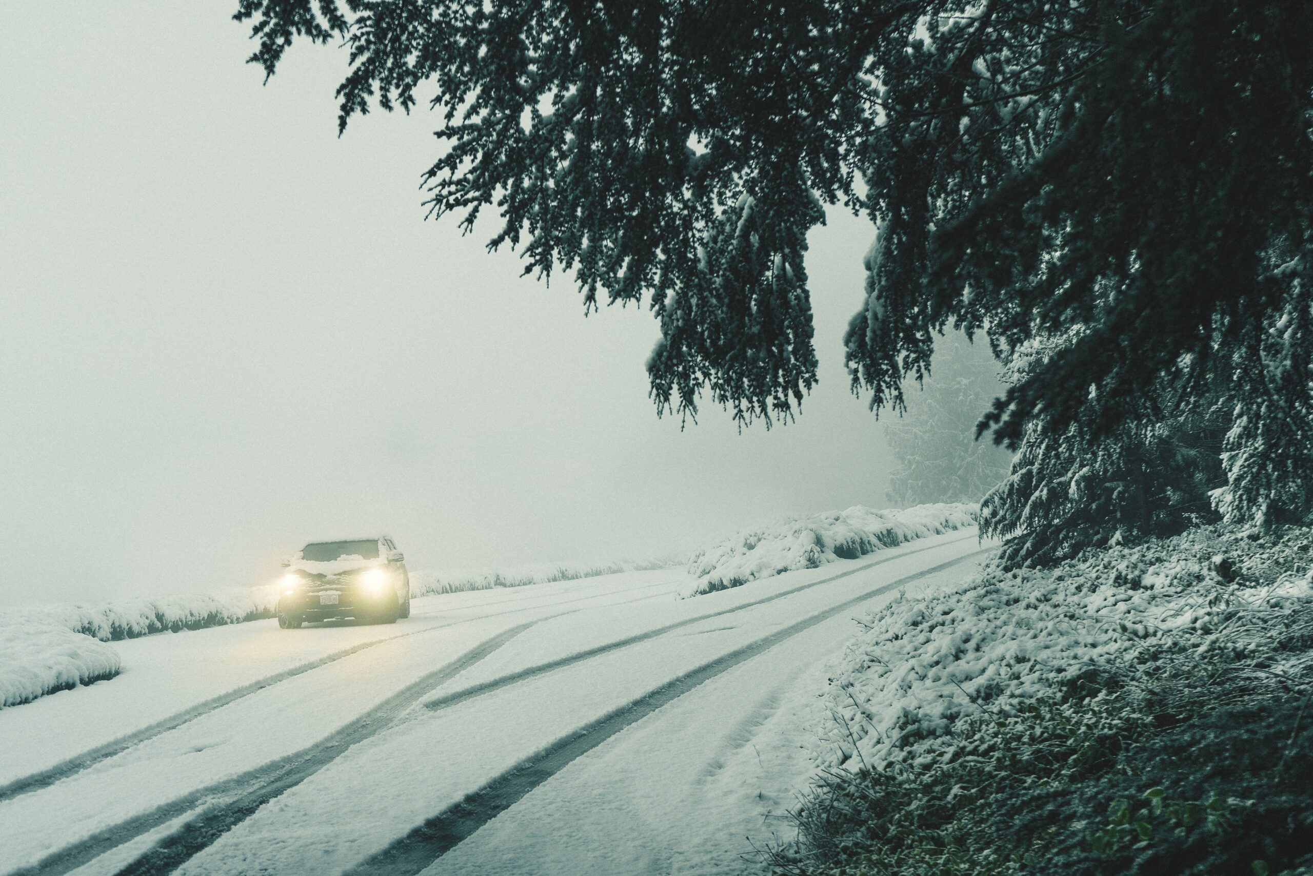 Car with headlights on driving along a snow-covered mountain road, leaving tire tracks in fresh snow, surrounded by mist and trees.